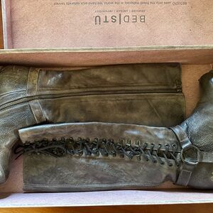 Bed|Stü Burnley taupe harness knee-high Italian leather boots, W 8.5.